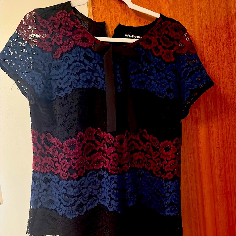 Floral Lace Top in Black and Burgundy by Karl Lagerfeld